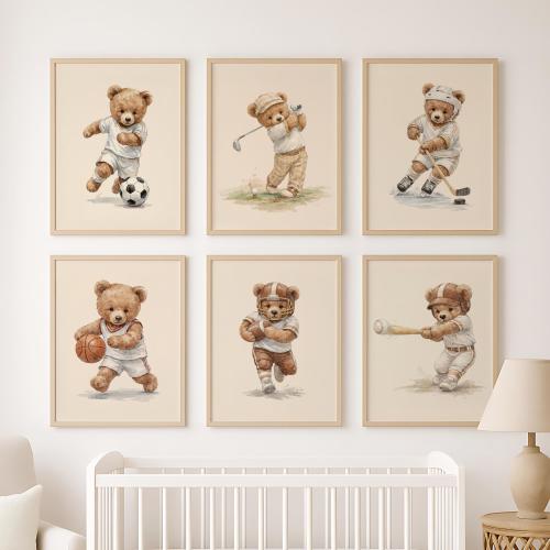 Sports Teddy Bear Nursery Set of 6 Wall Art, Neutral Watercolor Sports Nursery Theme Décor for Kids Room & Sports Lovers: Vintage
