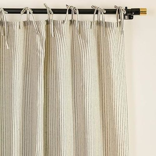 THE ART BOX Natural Linen Gauze Tie Top Sheer Semi Blackout Striped Curtains for Bedroom Filtering Hanging Substitute Windows Home Décor Curtain, Green on Beige, 2 Panel Sets, (84"x42" inch Each)