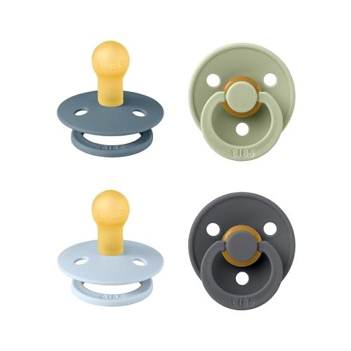 BIBS Pacifiers - Colour 4-Pack | BPA Free Baby Pacifier | Round Nipple Binkies | Natural Rubber Latex Soother | Made in Denmark | Size 1 (0-6 Months) | Baby Blue Mix