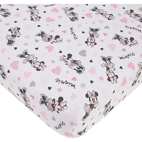 Disney Minnie Mouse My Happy Place Pink, Black, Gray, and White 100% Cotton Nursery Fitted Crib Sheet