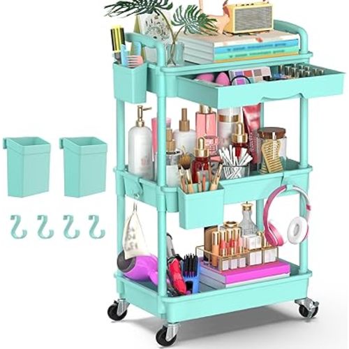 Goovilla 3 Tier Rolling Utility Cart Organizer with Removable Drawer, Blue