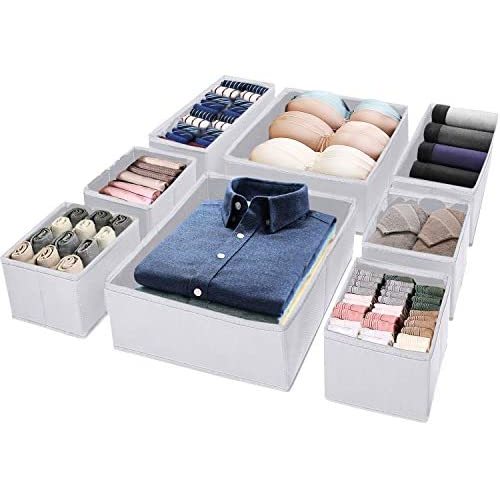 Puricon (8 Set) Drawer Divider Dresser Organization, Foldable Closet Organizer Underwear Basket Cubes Containers for Storing Bras, Baby Clothing, T Shirt, Socks, Scarves, Ties -White