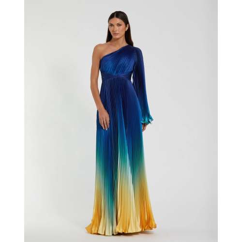 Blue Pleated Charmeuse One Shoulder Ombre Gown