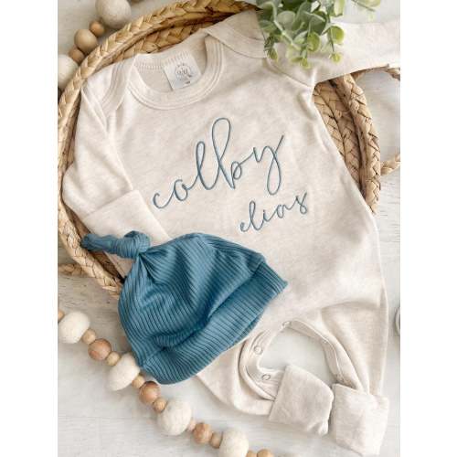 Personalized oatmeal vintage stitch romper with hat, custom baby boy coming home outfit, baby shower gift tan fall baby boy outfit