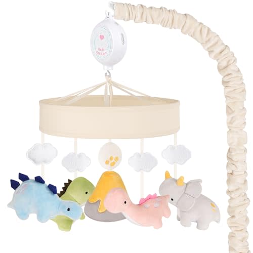 PIIKAGO Dinosaur Crib Mobile – Beige Dino Baby Crib Mobile with 3-Mode Music Box, Nursery Mobile with Triceratops, T-Rex, Volcano, Fits Standard Cribs