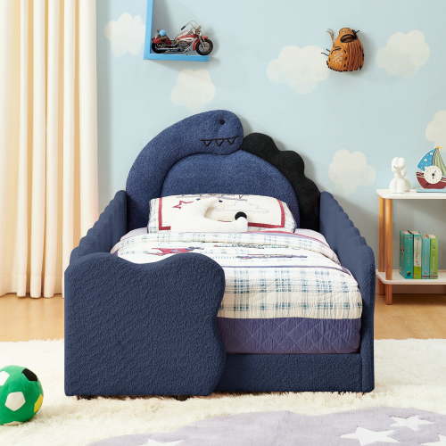 Sesslife Twin Size Floor Bed with Fence, Upholstered Twin Size Platform Bed with Cute Dinosaur Headboard, Twin Floor Bed Frame with Padded Guardrails and Wood Slats, Navy Blue
