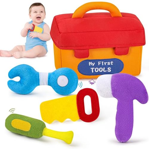 KMUYSL Baby Toys 0-6-12 Months, My First Tools Plush Toys -4 Pcs Sensory Playset Soft Toys with Squeaker Crinkle for 0-6-9-12 Months Newborn Infant, Birthday Christmas Gifts for Boys Girls