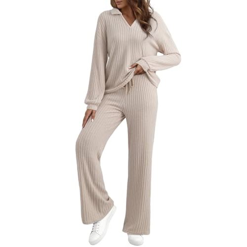 EVALESS Womens Pajama Sets Long Sleeve Sleepwear Matching Drawstring Elastic Pj Pants Ribbed Knit 2 Piece Lounge Set
