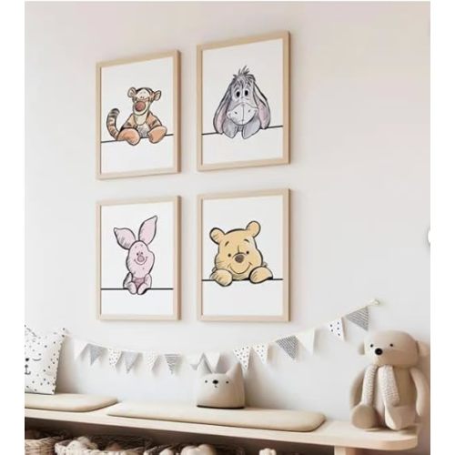 Winnie The Pooh and Friends Nursery Wall Art Set of 4, Character Illustrations, Kids Room Decor - 11x14 Poster Print - UNFRAMED