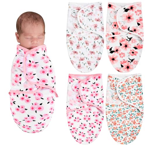 Newwiee 4 Pcs Preemie Baby Swaddle Wrap Adjustable Cotton Preemie Swaddle Blanket for Newborn Boys Girls(Flower Style,Fit for Preemies)