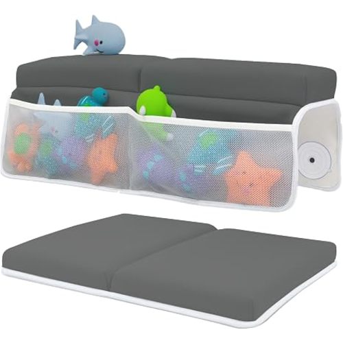 Comfortable Baby Bath Kneeler and Elbow Rest Pad Set – Thick Memory Foam Bath Kneeling Pad with Elbow Support – Baby Bathtub Cushion with Toy Organizer for Bathing Infant or Toddler - Grey