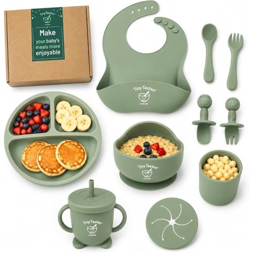 10-Piece Silicone Baby Feeding Set – Baby Led Weaning Supplies with Suction Plate & Bowl, Adjustable Bib, Snack Cup, Spoons & Fork, BPA-Free Baby Feeding Essentials for Toddlers