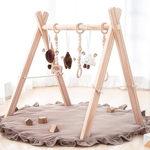 Razee Wooden Baby Play Gym Play Mat, Foldable Baby Gym with 6 Hanging Sensory Toys for Newborn Shower Gift