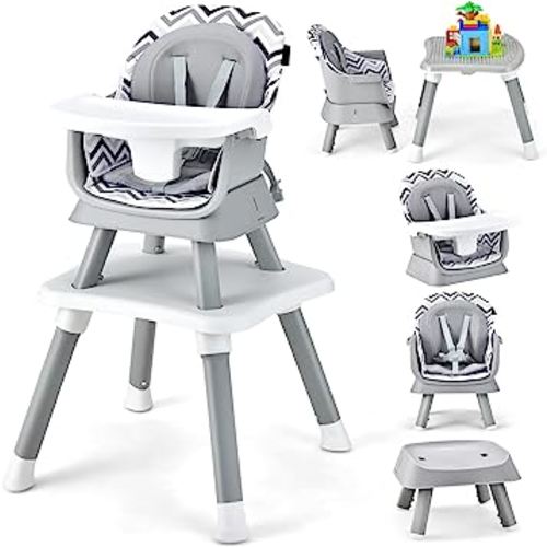 HONEY JOY 8 in 1 Baby High Chair, Convertible Highchair for Babies and Toddlers/Table and Chair Set/Building Block Table/Booster Seat/Stool/Toddler Chair with Safety Harness (Wave Gray)