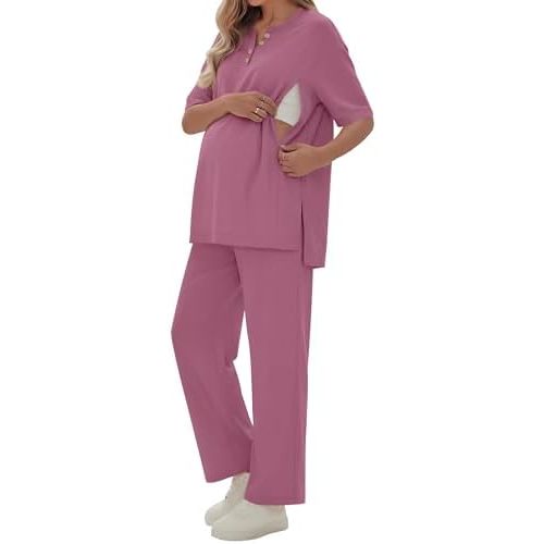 2 Piece Maternity Nursing Set Postpartum Breastfeeding Short Sleeve Zipper Shirts Wide Leg Pants Pregnancy Clothes