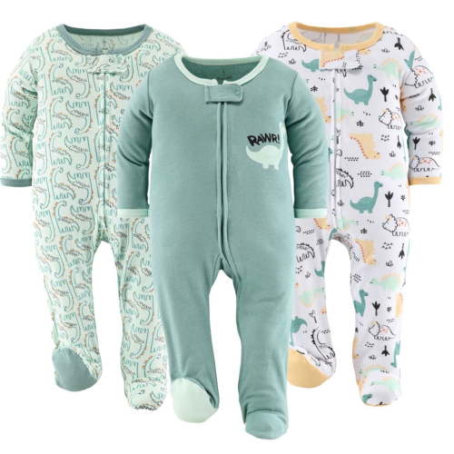 The Peanutshell Sleep n Play Green Dino Footed Pajamas for Baby Boys Set, 6-9 Months, 3-Pack