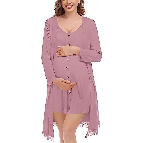 SWOMOG Womens Maternity Nursing Nightgown and Lace Robe Set 3 in 1 Labor Delivery Button Down Nursing Dress 2 Piece Sleepwear