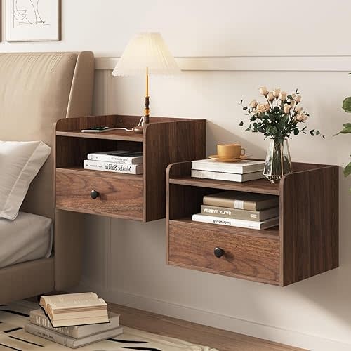 Floating Nightstand Set of 2 Modern Night Stands with Drawer and Open Shelf Cubby Small Bedside End Table with Charging Station Wall Mounted Nightstands Set 2 for Bedroom Brown Walnut