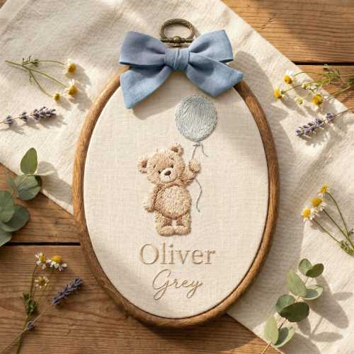 Embroidered Teddy Bear Name Hoop, Baby Boy Nursery Decor, Custom Keepsake Sign