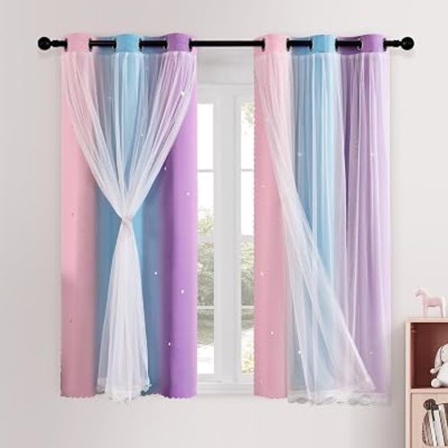 XiDi Rainbow Curtains for Girls Bedroom Double Layer Blackout Curtains Grommets Top Star Cutout Ombre Window Drapes with Sheer for Living Room Kids Nursery 2 Panels 42x63 Inch Length, Pink Purle