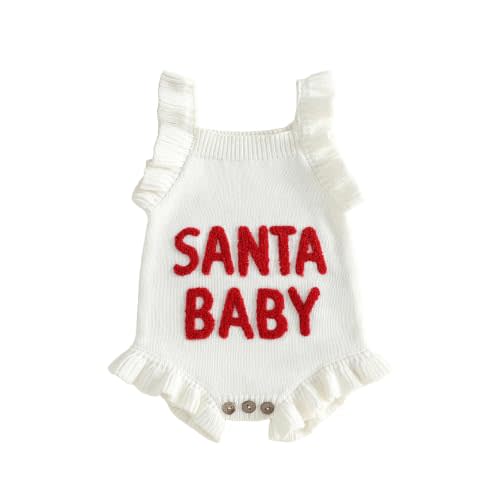Newborn Baby Girl Christmas Outfit Santa Crochet Knit Romper Sweaters | embroidery santa baby outfit Ruffle knit vest sweater rompers bodysuit baby Christmas sweater