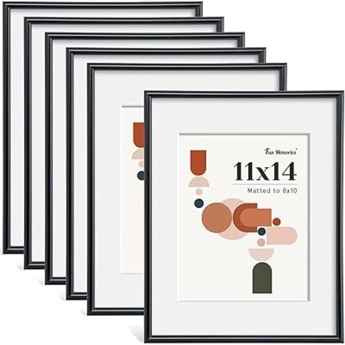 Fun Memories 11x14 Picture Frame Set of 6, Display 8x10 With Mat or Without Mat, HD Plexiglass, Wall or Tabletop Display, Wall Hook Included, Black