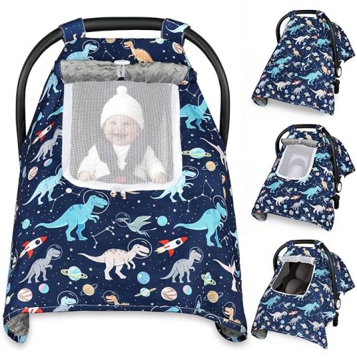 Car Seat Cover Baby, Carseat Covers Baby with 2 Layers Breathable Windows, Windproof Infant Car Seat Cover, Kick-Proof Baby Carrier Cover for Baby Boy Newborn Essentials