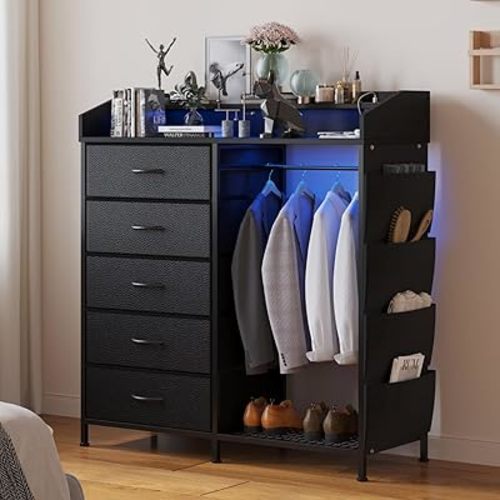 LUMTOK 2-in-1 Dresser with Hanging Racks,5 Fabric Drawers Dressers with LED Lights, Charging Station for Bedroom Living Room, Entryway, Closets (Black)