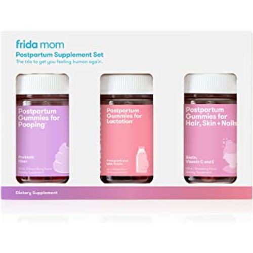 Frida Mom Postpartum Supplement Set | Postpartum Gummies for Pooping, Postpartum Gummies for Hair, Skin + Nails, Postpartum Gummies for Lactation | 3 Piece Set | Breastfeeding Set for New Moms