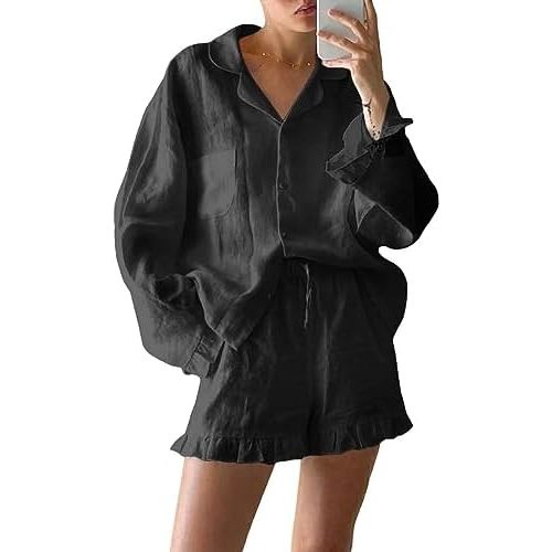 Women Ruffle 2 Piece Sets Long Sleeve Button Down Shirt and Shorts Pajamas Sets