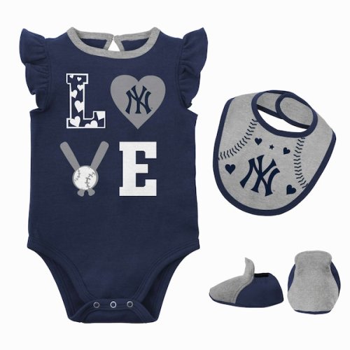 Newborn & Infant New York Yankees Navy/Heather Gray Three-Piece Love of Baseball Bib, Bodysuit & Booties Set
