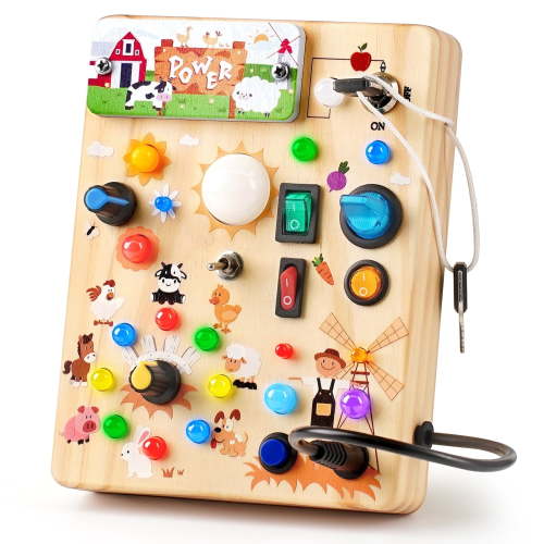 Joyreal Busy Board Wooden Sensory Toy for Toddlers with LED Light Switch, Baby Fidget Board Travel Toy for 18+ Months Boys Girls Toddler Toy Gift (Farmhouse)