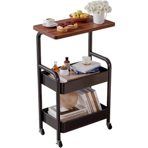 3 Tier Metal Rolling Utility Cart Organizer with Walnut Table Top, Stable and Sturdy Rolling Storage Carts with 2 Lockable Wheels for Kitchen,Bathroom,Snacks,Coffee,Craft,Makeup,Baby Essentials