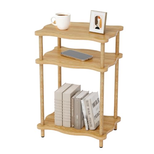 THUMEYE 3-Tier Side Table, 15.7”x11.8”x23” Space-Saving End Table with Solid Wood Legs, Tool-Free Assembly Nightstand for Bedroom Living Room, Burlywood