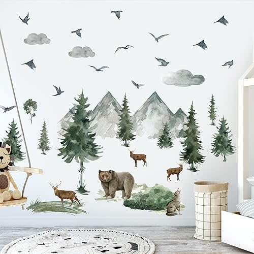 Woodland Nursery Wall Stickers Watercolor Mountain Tree Wall Decal Jungle Trees Animals Home Decals Sticker DIY Cartoon Deer Bear Wolf Forest Animal Home Sticker for Kids Room Bedroom Nursery Decor