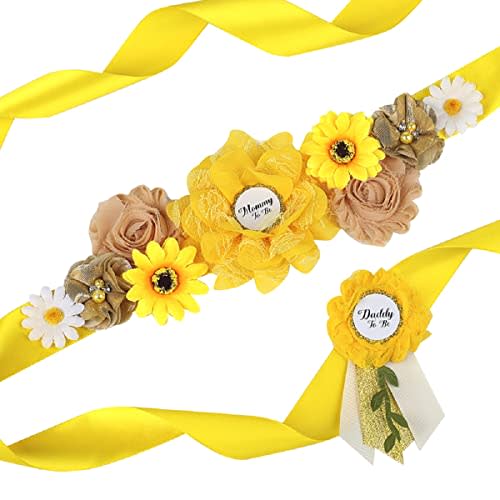 Lucky Summer Baby Shower Maternity Sash Mommy to Be Daddy to Be Corsage Pins Set Flower Belly Belt Photo Prop (Yellow Sunflower)