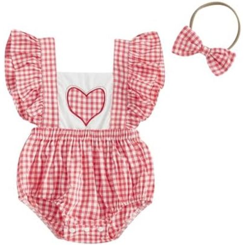 Yccutest Newborn Baby Girl Valentines Outfit Infant Girl Plaid Romper Baby Heart Bodysuit Valentines Day Onesie With Headband