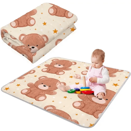 Funtery 43 x 43 Inch Boho Baby Play Mat Portable Crawling Washable Foldable Tummy Time Non Slip Baby Floor Large Playpen Mat for Infants Toddlers Floor Playpen Activity(Bear)