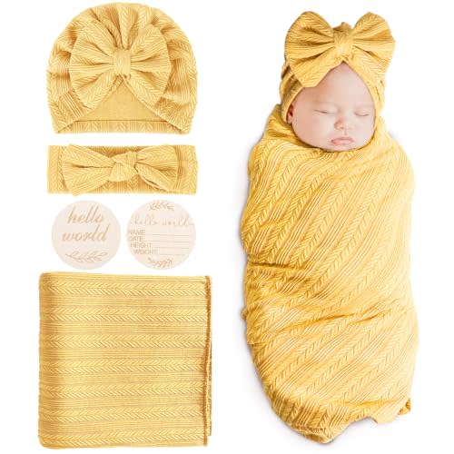 BQUBO Baby Swaddle Blankets for Girls, 4PCS Newborn Accessories Set with Hat and Bow Headband with Hello World Wooden Birth Announcement Card, Baby Blankets for Girls