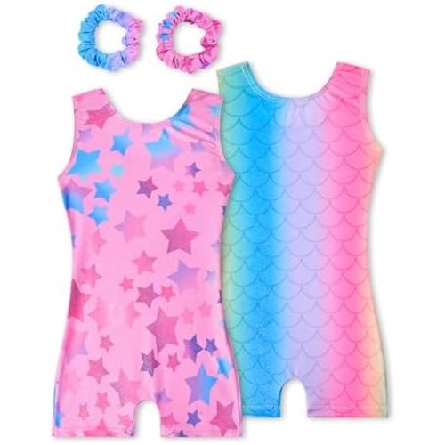 Gymnastics Leotards for Girls 2 Pack Sparkly Kids Biketards Dance Unitards Matching Hair Scrunchies