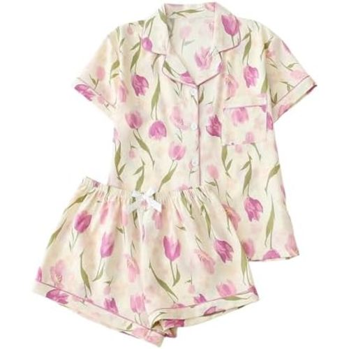 Verdusa Pajamas For Women Set 2 Piece Summer Pajama Sets Cute Pjs Lounge Matching Button Shirt with Shorts