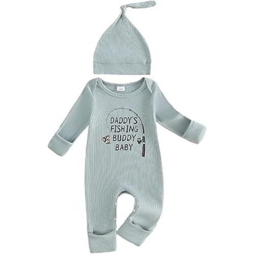 Newborn Baby Boy Fishing Outfit Daddy's Fishing Buddy Letter Long Sleeve Romper Ribbed Knit Jumpsuit Hat Set Clothes