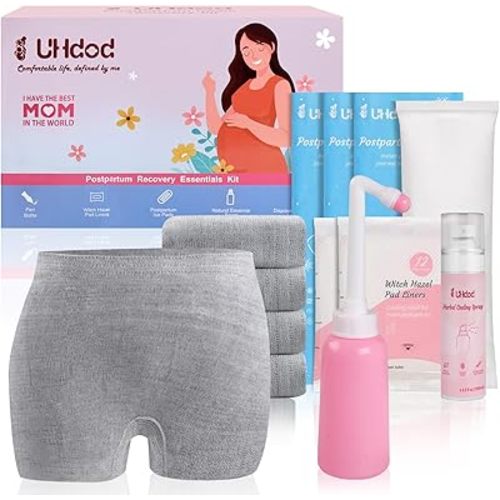 UHdod Postpartum Essentials Recovery Kit for Labor Delivery, Postpartum kit Gift Set for New Mom Includes Disposable Postpartum Underwear, Instant Ice Pads, Cooling Spray, Soothing Liners, Peri Bottle