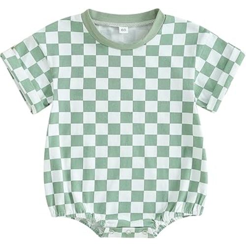 Karuedoo Newborn Baby Boy Girl Clothes Checkered T-Shirt Bubble Romper Oversized Short Sleeve Onesie One-Piece Summer Outfit
