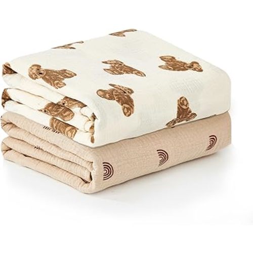insular Muslin Swaddle Blankets for Boys Girls, 2 Pack Receiving Baby Blanket Large 47 x 47 inches, Soft Breathable Swaddling Wrap for Unisex Newborn, Teddy Bear&Rainbow