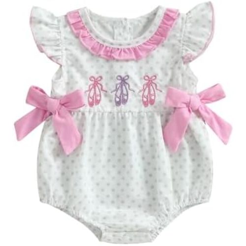 Infant Baby Girl Summer Outfits Ballet Shoes Bow Short Sleeve Romper Smocked Bodysuit Bubble Clothes