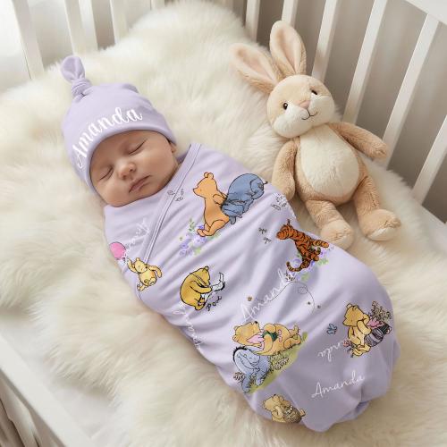 Personalized Classic Winnie the Pooh 100% Cotton Soft Swaddle & Hat Set with Custom Name Newborn Baby Blanket Set Birthday Baby Shower Gift