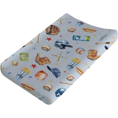 Watercolor Baseball Baby Changing Pad Covers Patriotic American Sports Diaper Changing Table Cover Sheets for Boy Girl Outdoor Sports Lovers Soft Stretchy Diaper Changing Table Sheets Mats 32''x16''