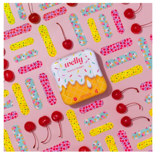 Welly Bandages | Adhesive Flexible Fabric Bravery Badges | Assorted Shapes for Minor Cuts, Scrapes, and Wounds | Colorful and Fun First Aid Tin | Ice Cream Patterns - 48 Count