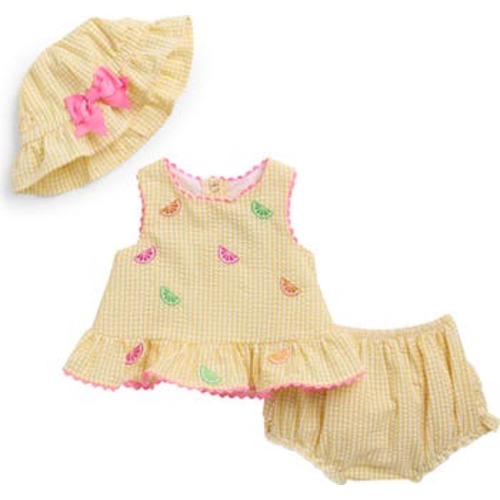 Citrus Seersucker Top, Bloomers & Hat Set